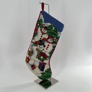 Needlepoint Christmas Stocking Completed Snowman Family Gifts Wreath Velvet, 20"
